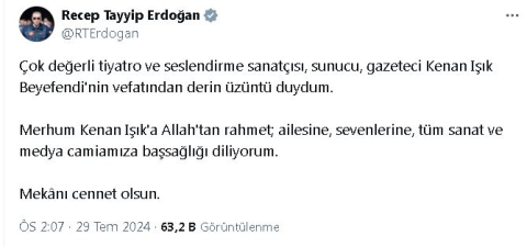 Cumhurbaşkanı Erdoğan'dan Kenan Işık için taziye mesajı