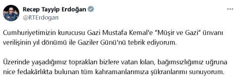 Cumhurbaşkanı Erdoğan'dan 'Gaziler Günü' mesajı