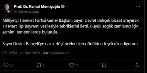 Bahçeli'den Bakan Memişoğlu'na tebrik telefonu